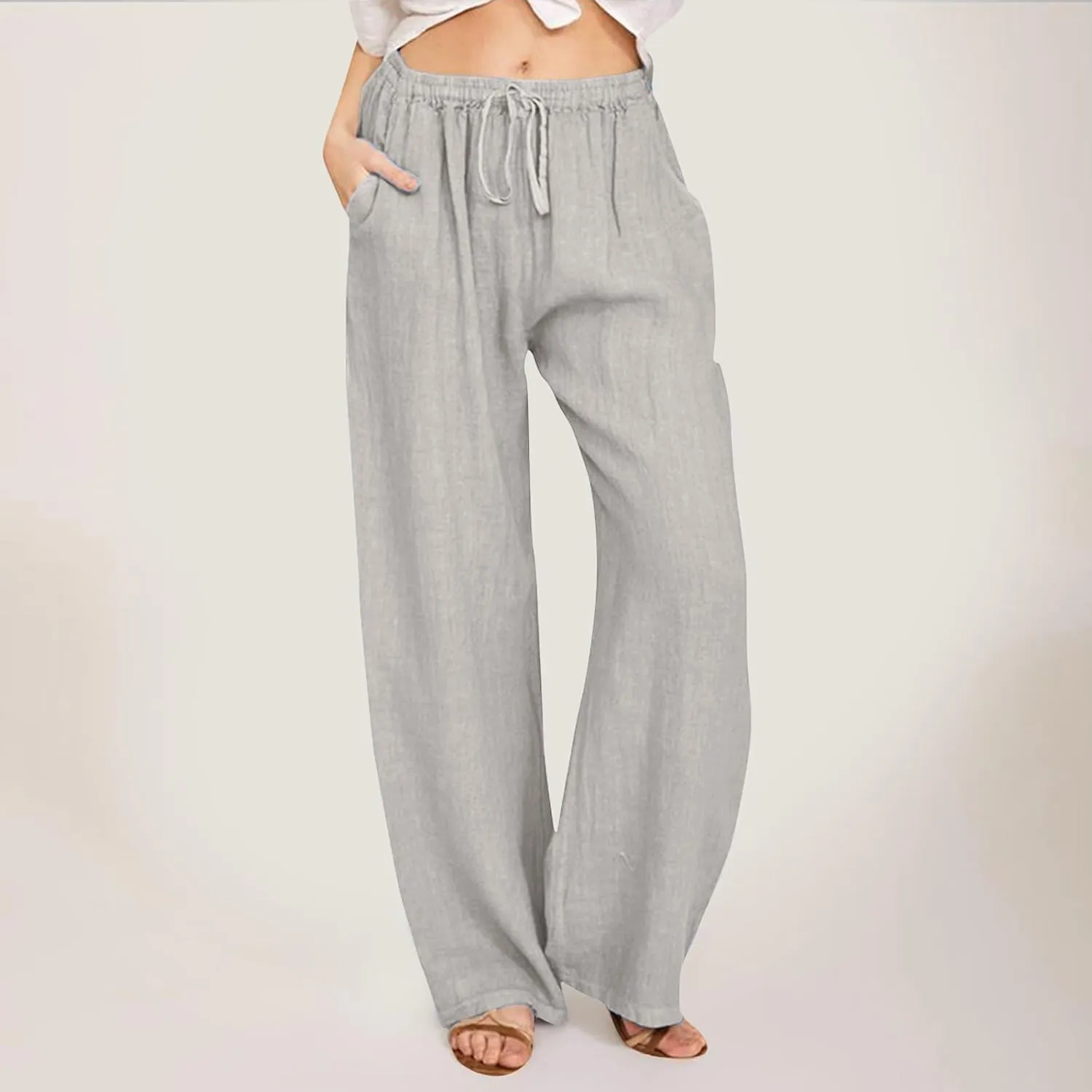 High Waist Wide Leg Linen Pants For Women Drawstring Boho Palazzo Trouser with Pockets Lounge Travel Vacation Outfits