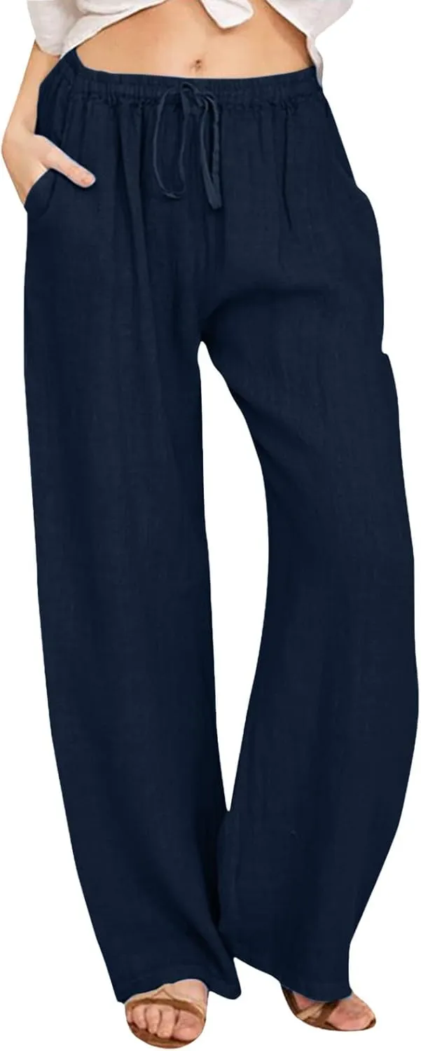 High Waist Wide Leg Linen Pants For Women Drawstring Boho Palazzo Trouser with Pockets Lounge Travel Vacation Outfits