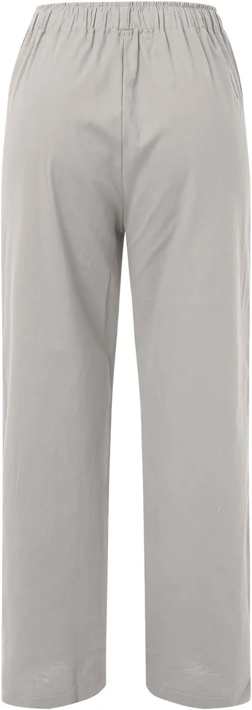 High Waist Wide Leg Linen Pants For Women Drawstring Boho Palazzo Trouser with Pockets Lounge Travel Vacation Outfits