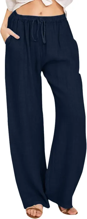 High Waist Wide Leg Linen Pants For Women Drawstring Boho Palazzo Trouser with Pockets Lounge Travel Vacation Outfits