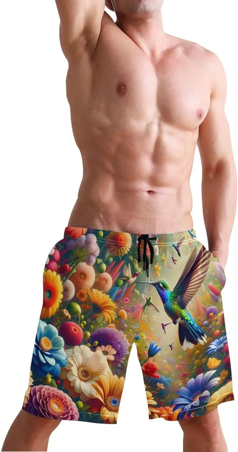 Hummingbirds Colorful Flower Beach Swimming Shorts Mens Swim Trunks Funny Hawaiian Swimwear with Mesh Liner S