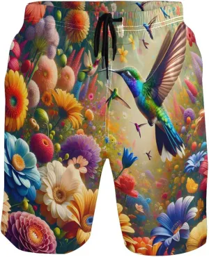 Hummingbirds Colorful Flower Beach Swimming Shorts Mens Swim Trunks Funny Hawaiian Swimwear with Mesh Liner S
