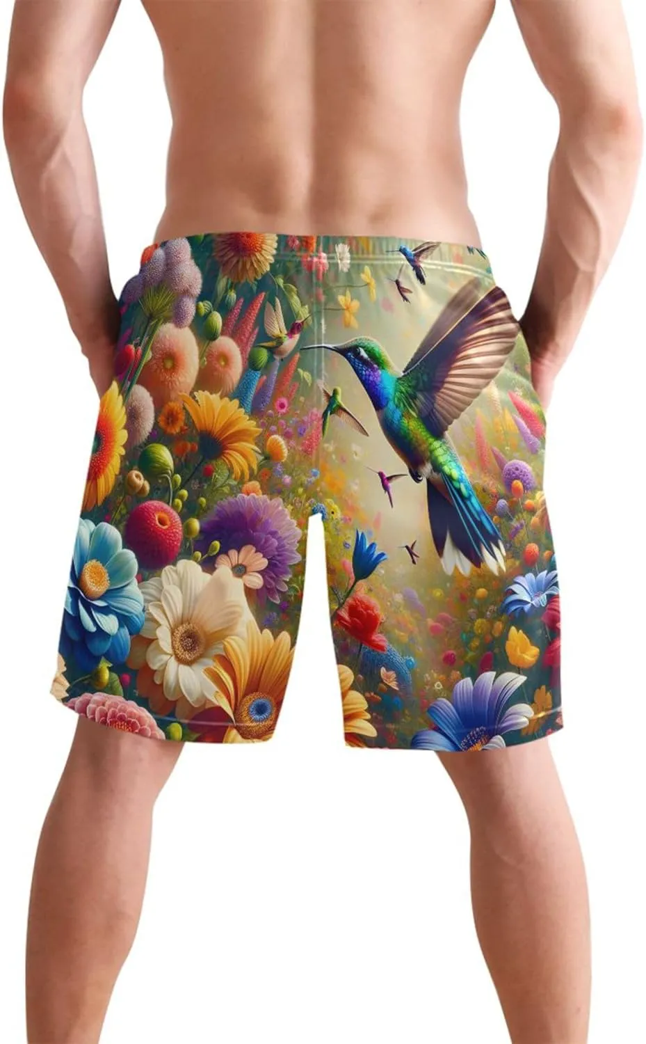 Hummingbirds Colorful Flower Beach Swimming Shorts Mens Swim Trunks Funny Hawaiian Swimwear with Mesh Liner S