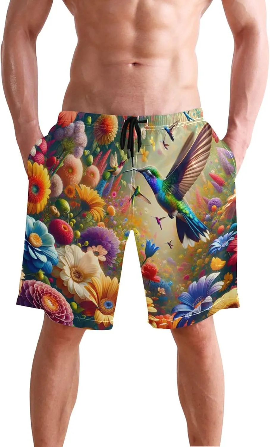 Hummingbirds Colorful Flower Beach Swimming Shorts Mens Swim Trunks Funny Hawaiian Swimwear with Mesh Liner S