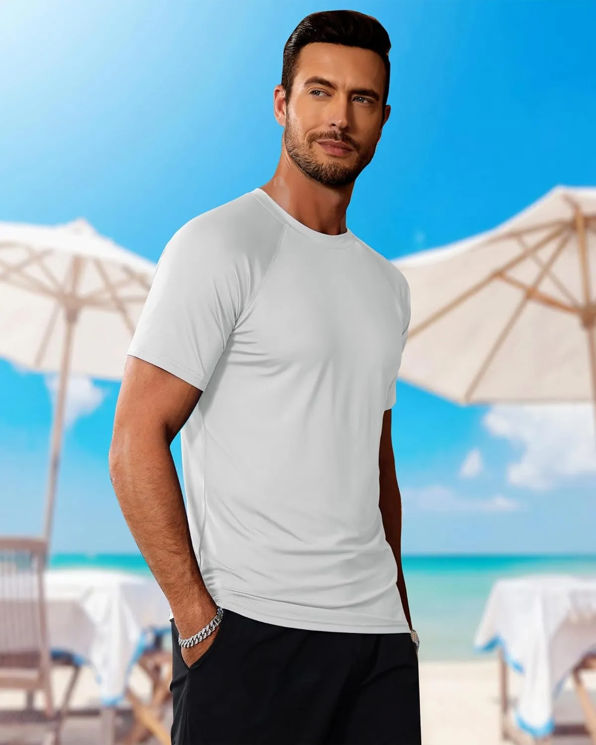 Huukeay 3 Pack Men's Short Sleeve Swim Shirts, UPF 50  Rash Guard Tees Quick Dry Lightweight Fishing Running Hiking T-Shirts