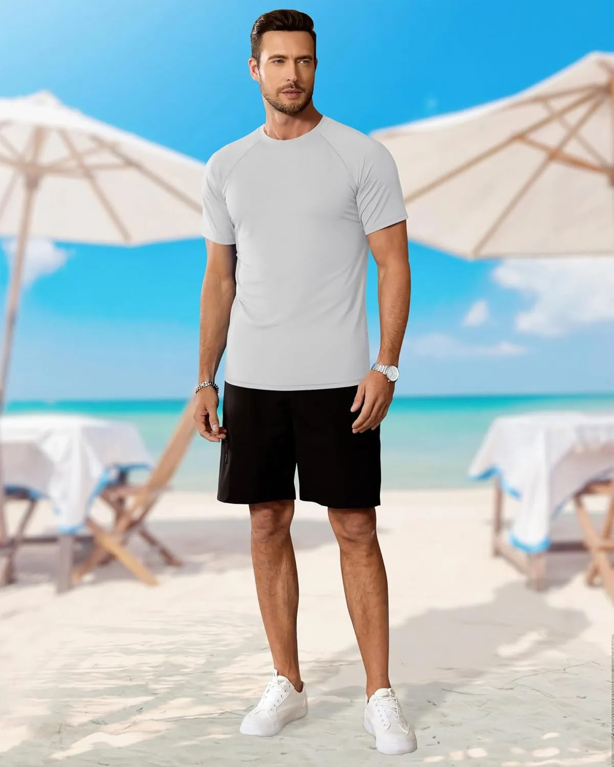 Huukeay 3 Pack Men's Short Sleeve Swim Shirts, UPF 50  Rash Guard Tees Quick Dry Lightweight Fishing Running Hiking T-Shirts