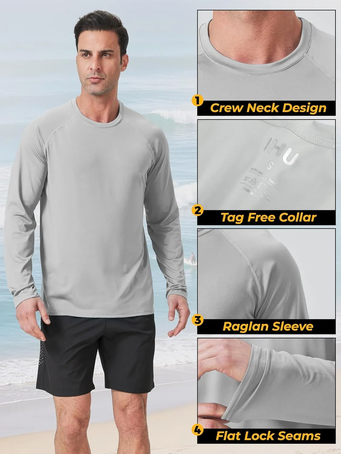 IHU 4 Pack Mens Rash Guard Swim Shirts Long Sleeve Sun Protection Shirts UPF 50  Fishing Rashguard Dry Fit Athletic Shirt