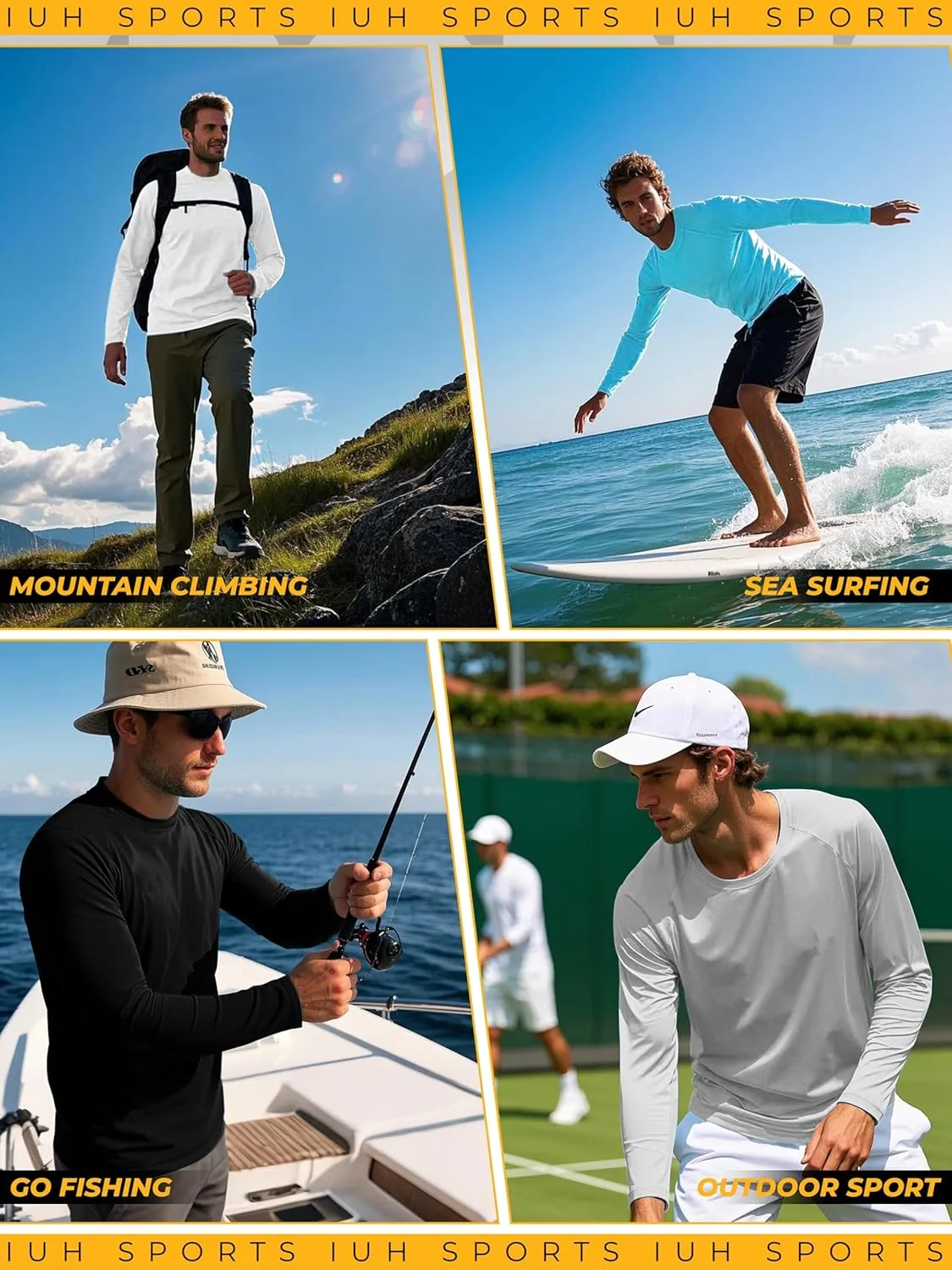 IHU 4 Pack Mens Rash Guard Swim Shirts Long Sleeve Sun Protection Shirts UPF 50  Fishing Rashguard Dry Fit Athletic Shirt