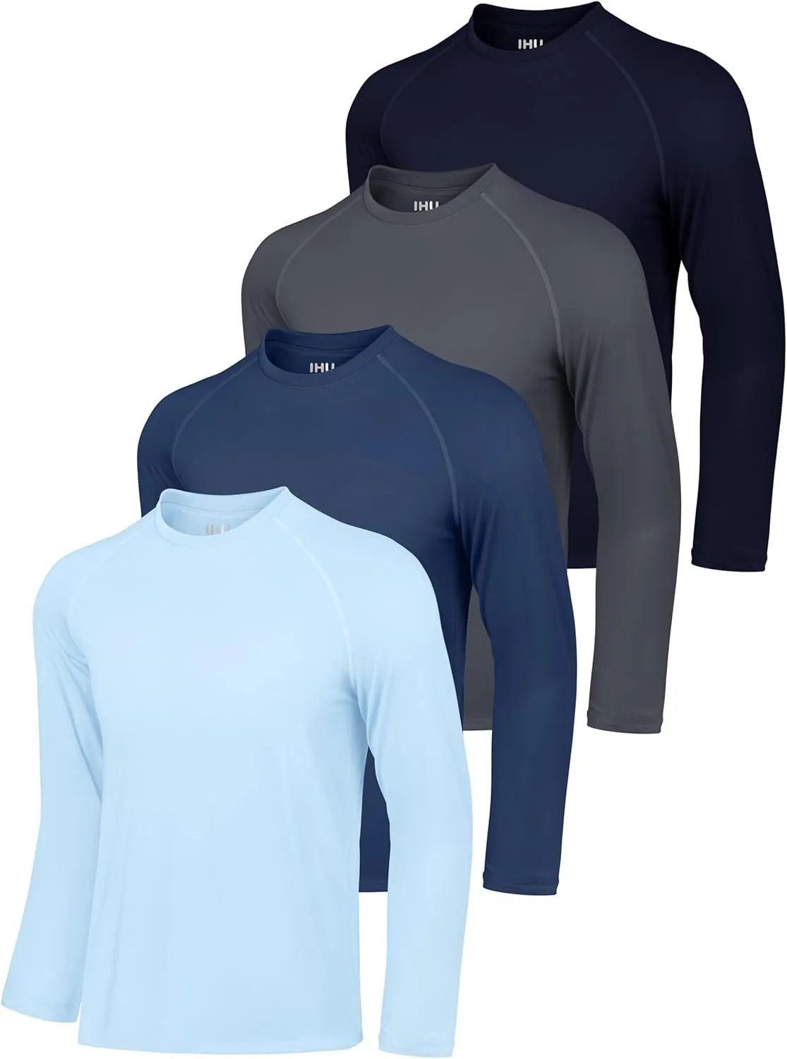 IHU 4 Pack Mens Rash Guard Swim Shirts Long Sleeve Sun Protection Shirts UPF 50  Fishing Rashguard Dry Fit Athletic Shirt