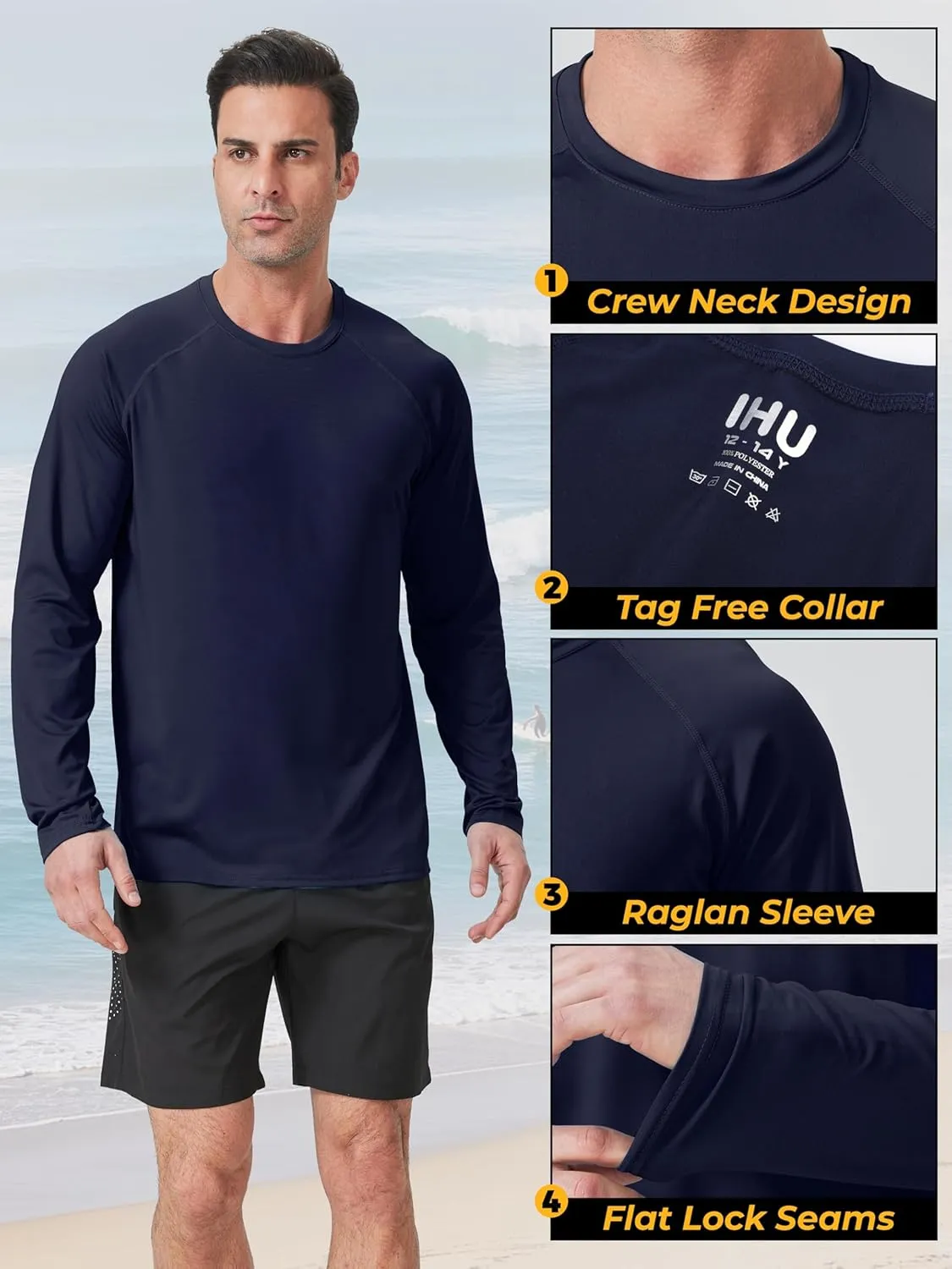 IHU 4 Pack Mens Rash Guard Swim Shirts Long Sleeve Sun Protection Shirts UPF 50  Fishing Rashguard Dry Fit Athletic Shirt