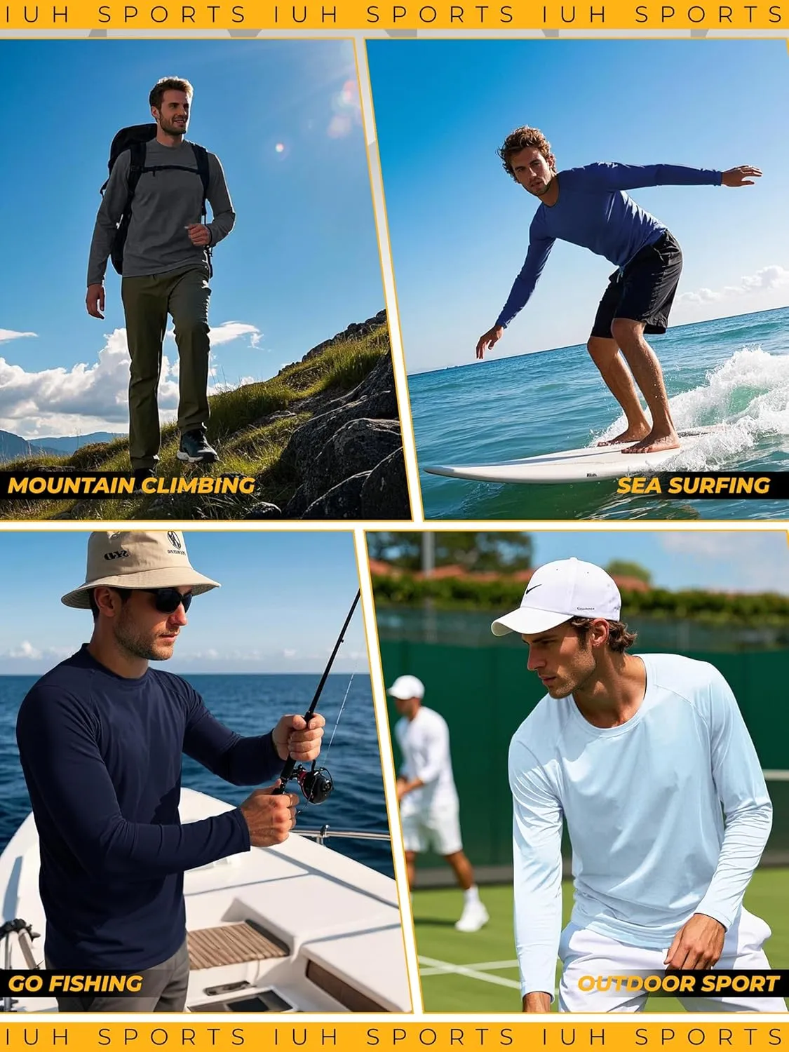IHU 4 Pack Mens Rash Guard Swim Shirts Long Sleeve Sun Protection Shirts UPF 50  Fishing Rashguard Dry Fit Athletic Shirt