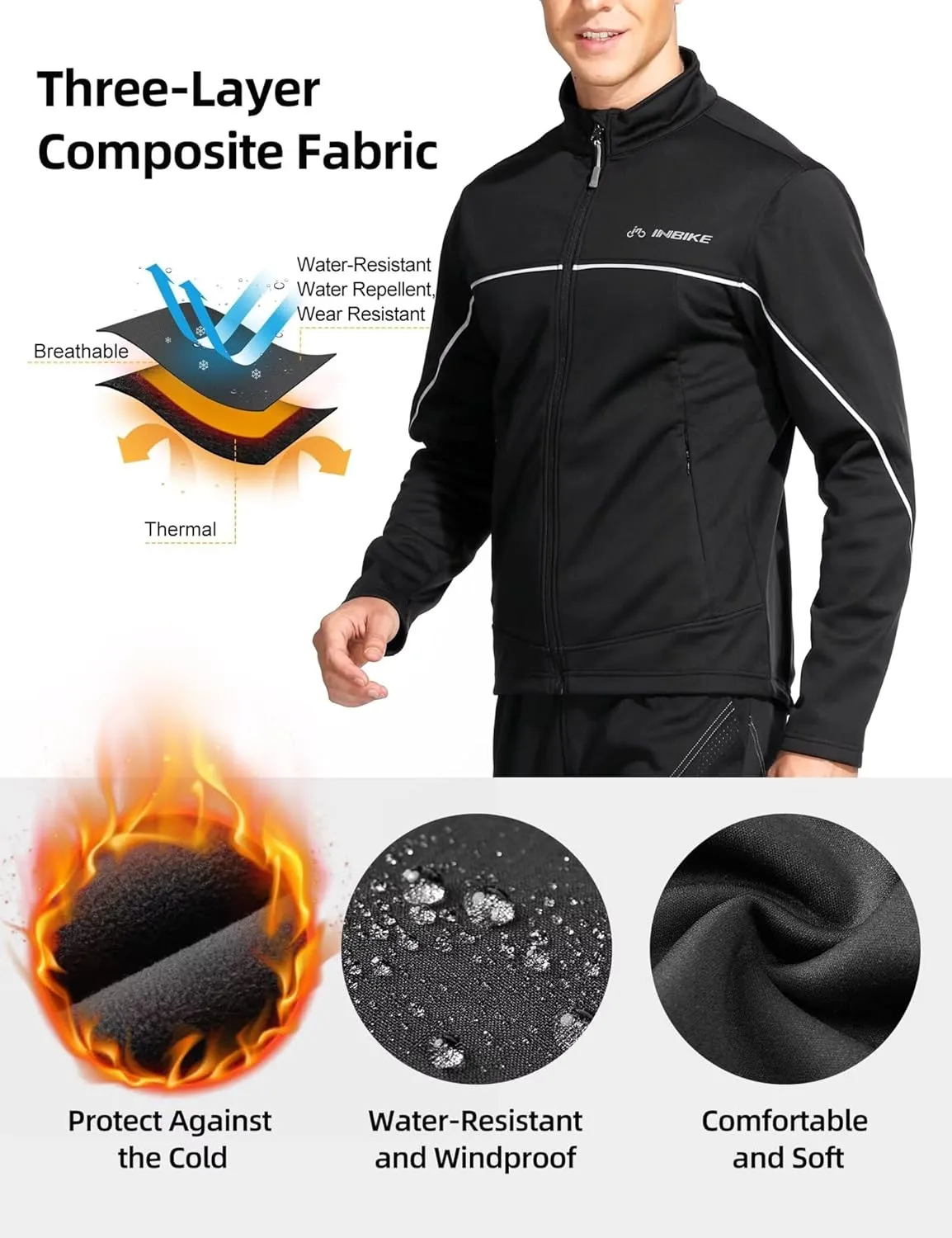 INBIKE Men's Cycling Jacket, Winter Fleece Thermal Windproof Soft Shell Wind Coat Black