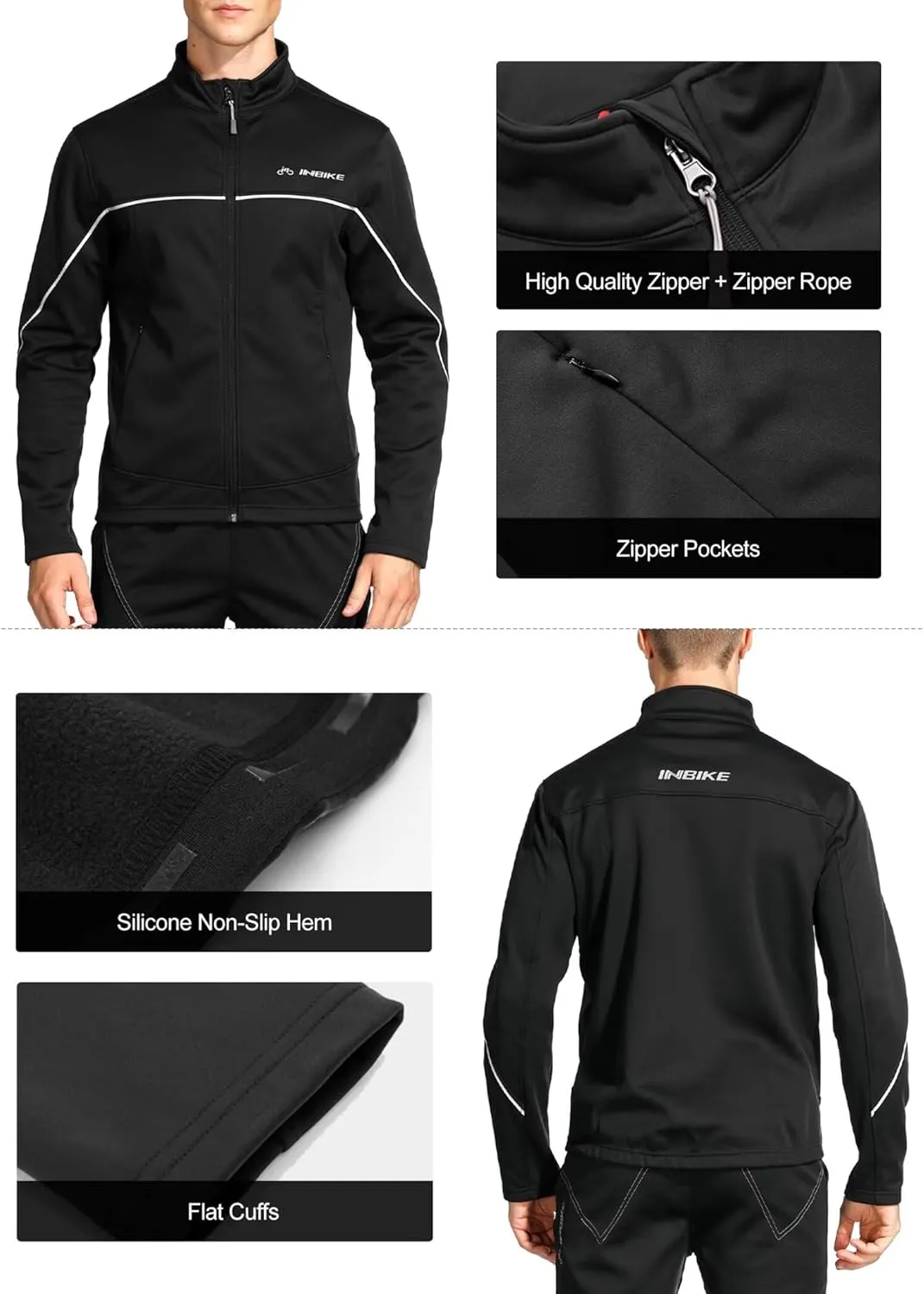 INBIKE Men's Cycling Jacket, Winter Fleece Thermal Windproof Soft Shell Wind Coat Black