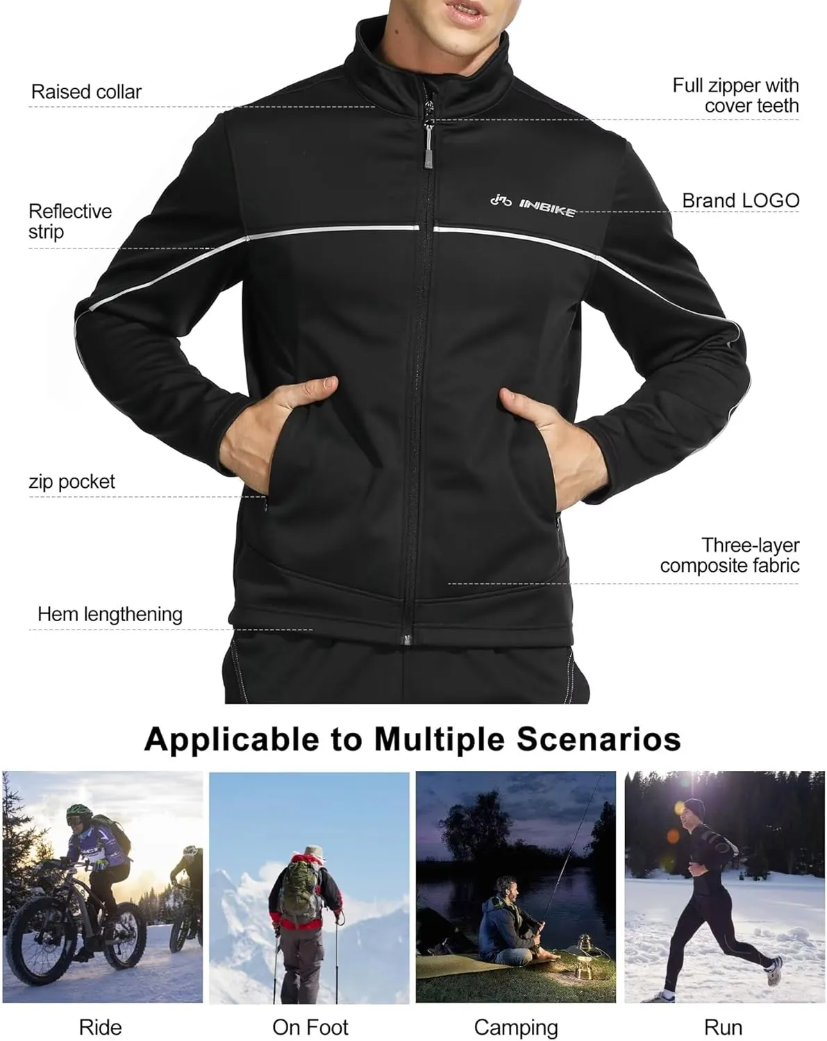 INBIKE Men's Cycling Jacket, Winter Fleece Thermal Windproof Soft Shell Wind Coat Black