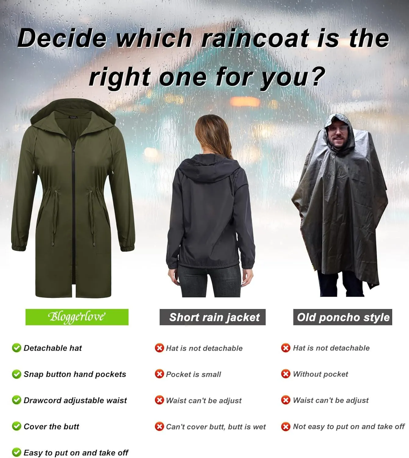 IN'VOLAND Women's Rain Jacket Plus Size Long Raincoat Lightweight Hooded Windbreaker Waterproof Jackets with Pockets