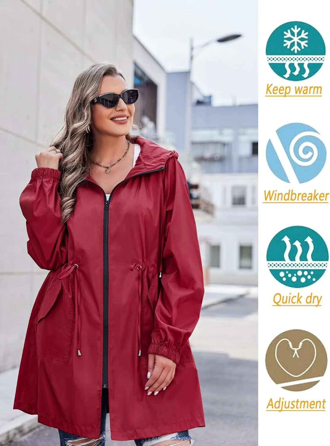 IN'VOLAND Women's Rain Jacket Plus Size Long Raincoat Lightweight Hooded Windbreaker Waterproof Jackets with Pockets