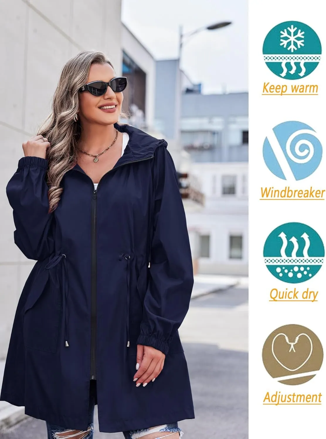 IN'VOLAND Women's Rain Jacket Plus Size Long Raincoat Lightweight Hooded Windbreaker Waterproof Jackets with Pockets