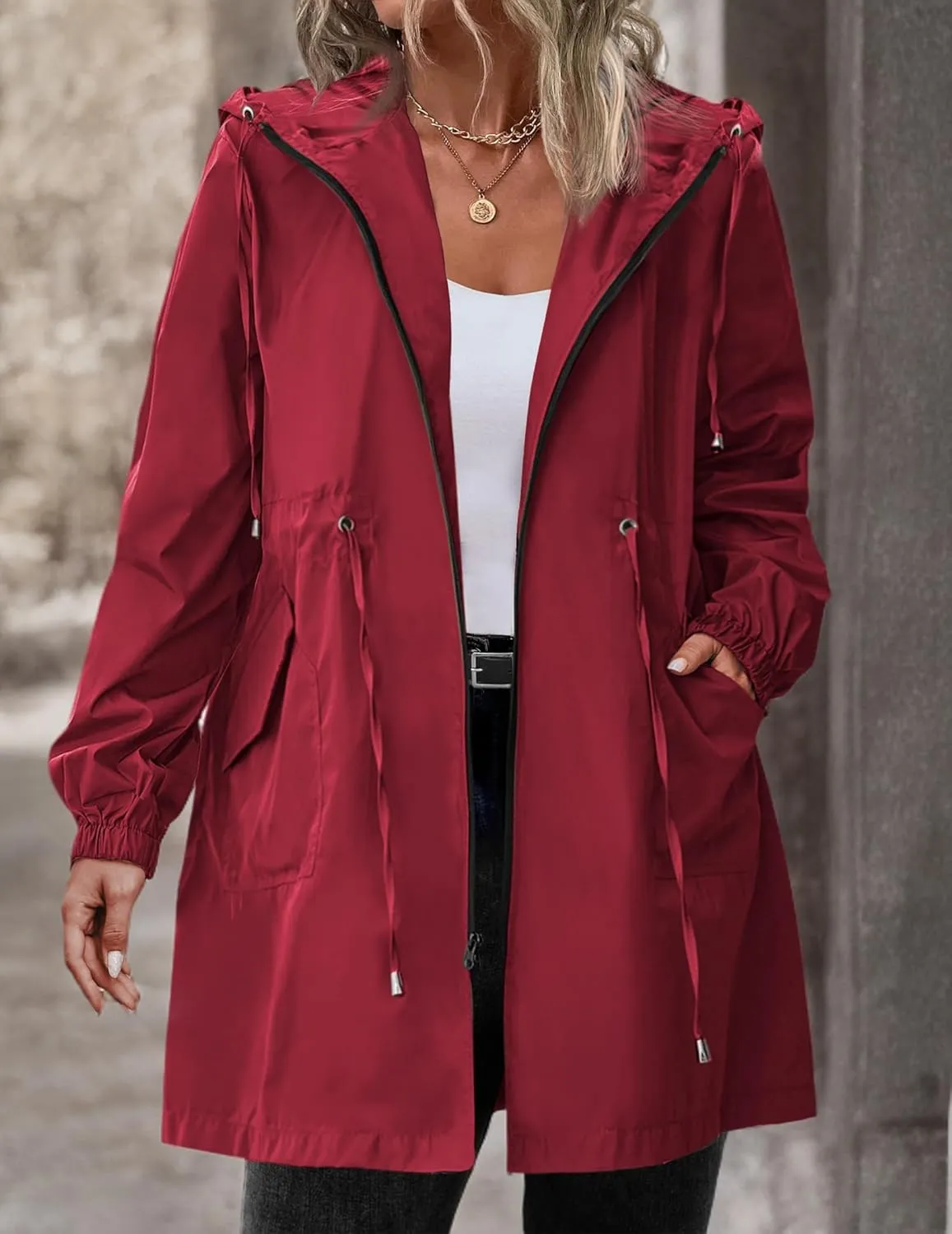 IN'VOLAND Women's Rain Jacket Plus Size Long Raincoat Lightweight Hooded Windbreaker Waterproof Jackets with Pockets