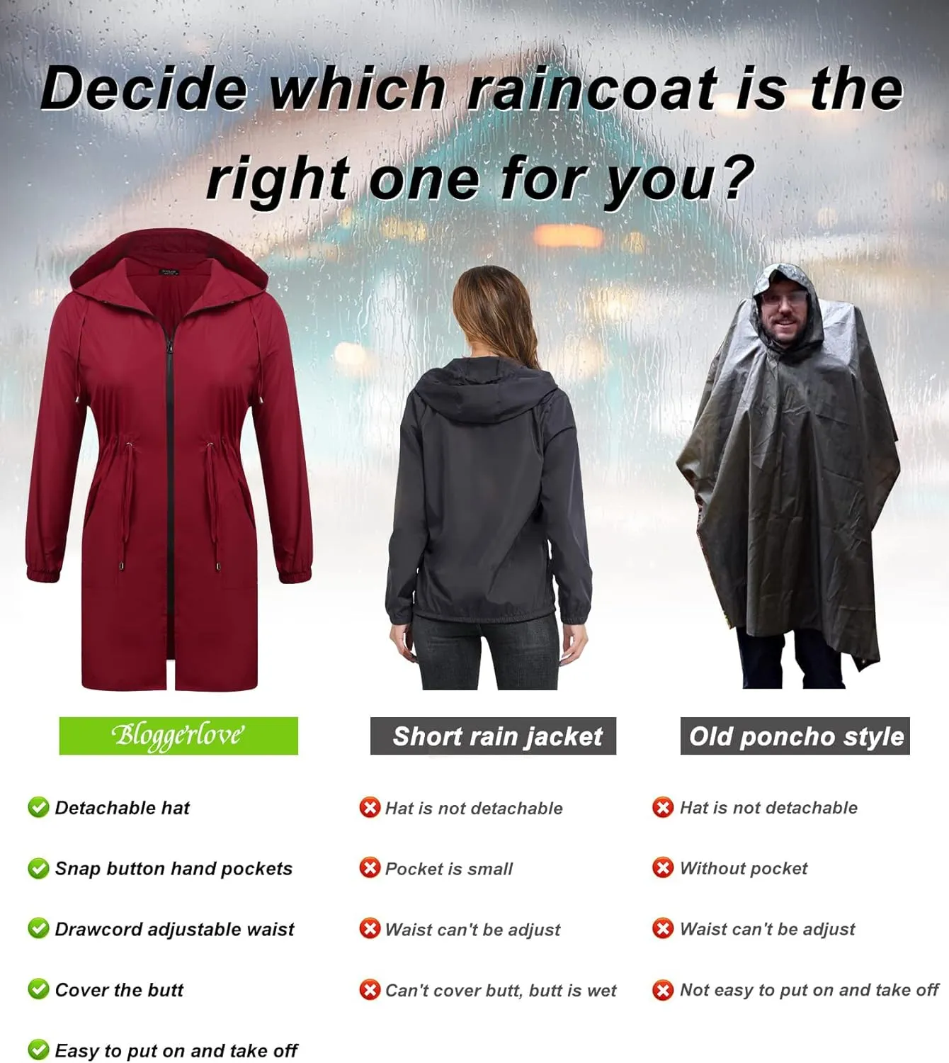 IN'VOLAND Women's Rain Jacket Plus Size Long Raincoat Lightweight Hooded Windbreaker Waterproof Jackets with Pockets