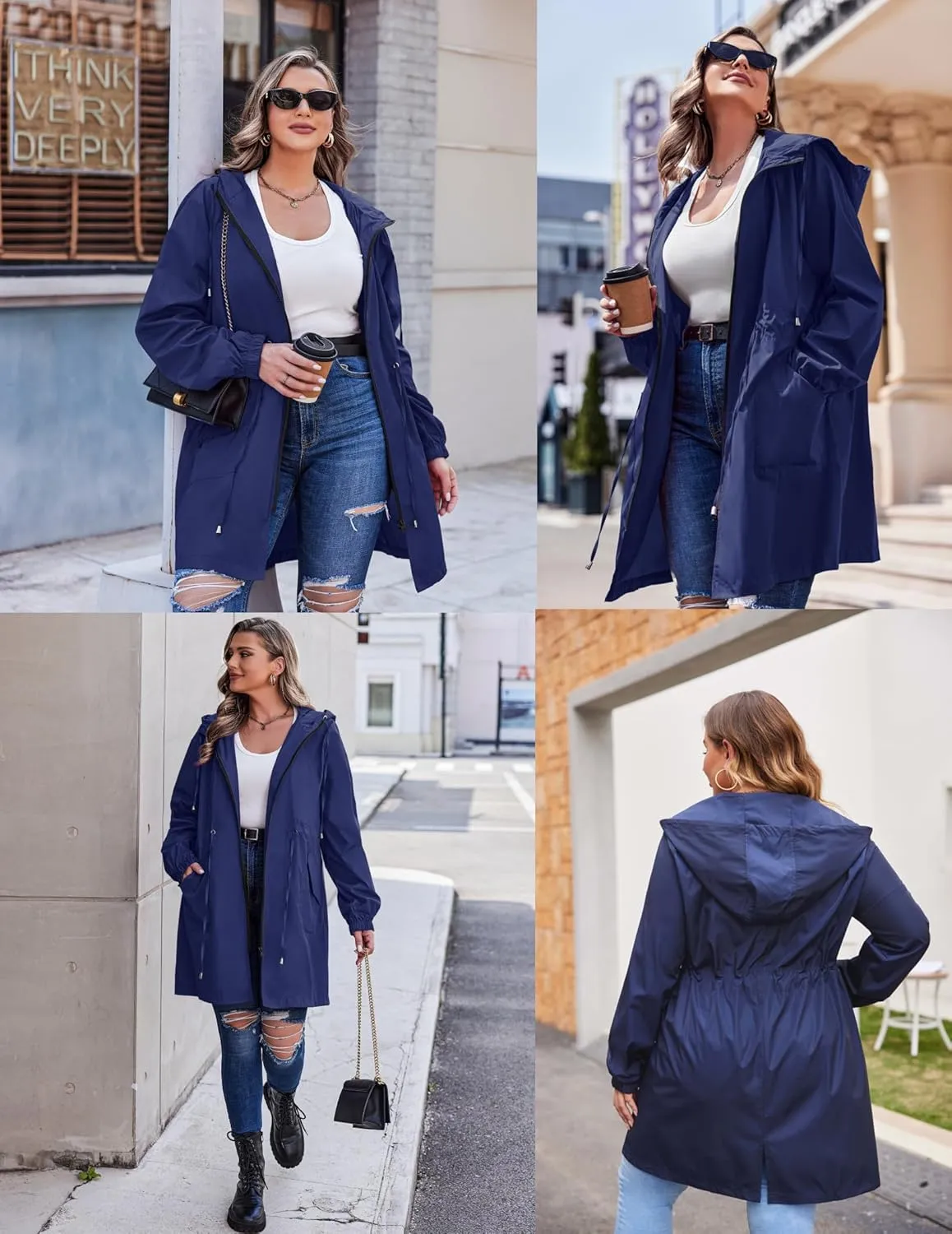 IN'VOLAND Women's Rain Jacket Plus Size Long Raincoat Lightweight Hooded Windbreaker Waterproof Jackets with Pockets