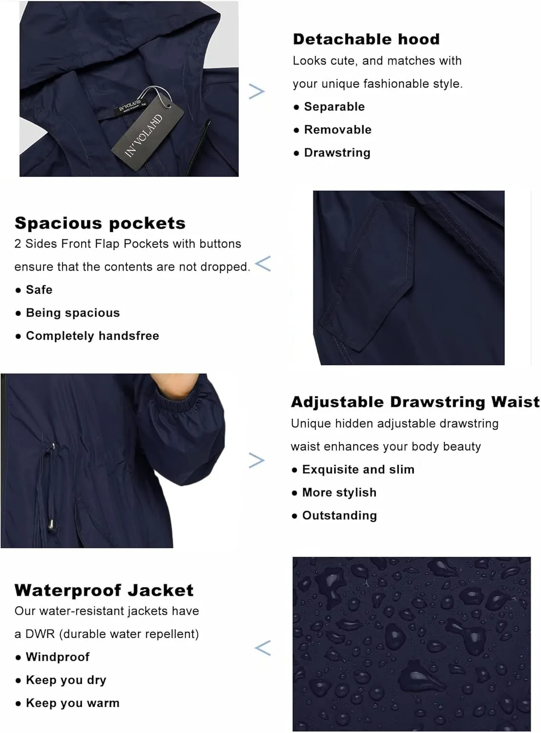 IN'VOLAND Women's Rain Jacket Plus Size Long Raincoat Lightweight Hooded Windbreaker Waterproof Jackets with Pockets