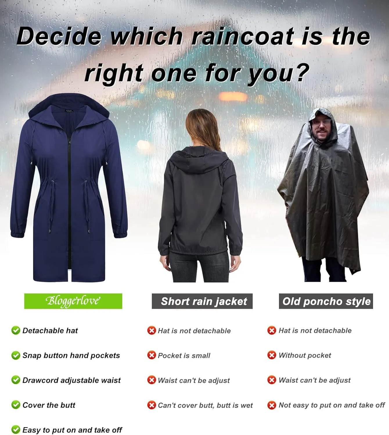 IN'VOLAND Women's Rain Jacket Plus Size Long Raincoat Lightweight Hooded Windbreaker Waterproof Jackets with Pockets