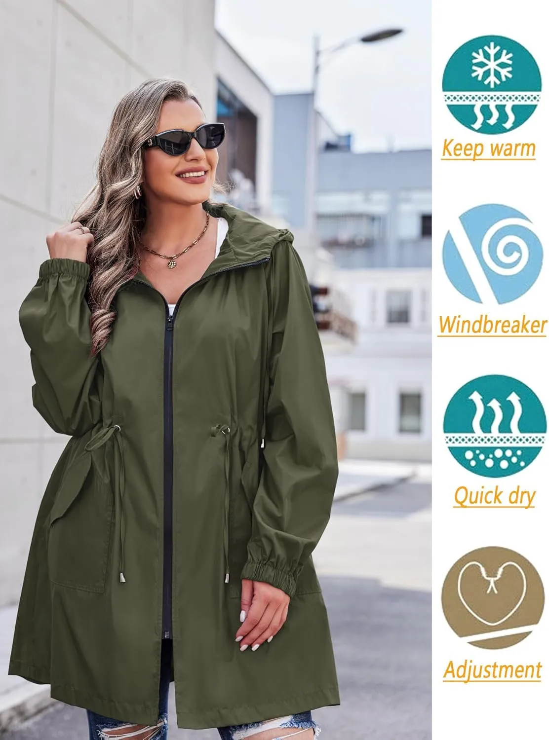 IN'VOLAND Women's Rain Jacket Plus Size Long Raincoat Lightweight Hooded Windbreaker Waterproof Jackets with Pockets