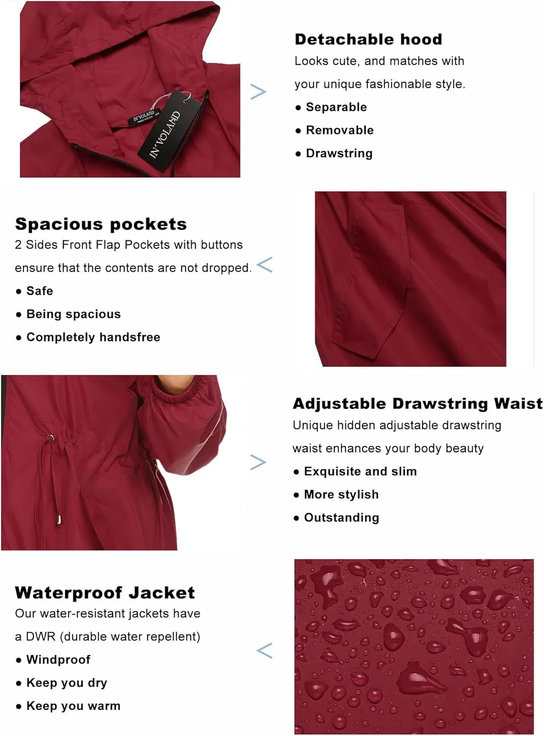 IN'VOLAND Women's Rain Jacket Plus Size Long Raincoat Lightweight Hooded Windbreaker Waterproof Jackets with Pockets