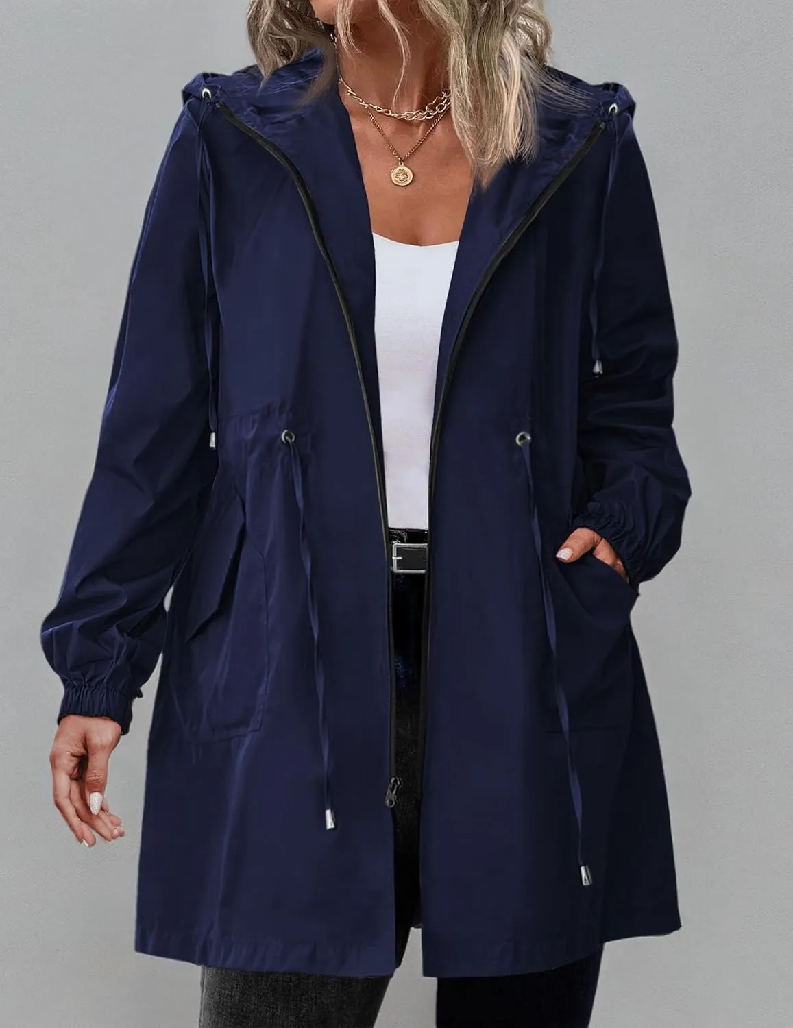 IN'VOLAND Women's Rain Jacket Plus Size Long Raincoat Lightweight Hooded Windbreaker Waterproof Jackets with Pockets