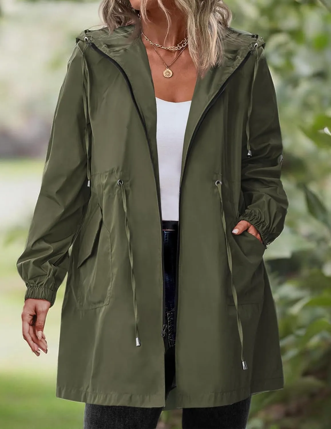 IN'VOLAND Women's Rain Jacket Plus Size Long Raincoat Lightweight Hooded Windbreaker Waterproof Jackets with Pockets