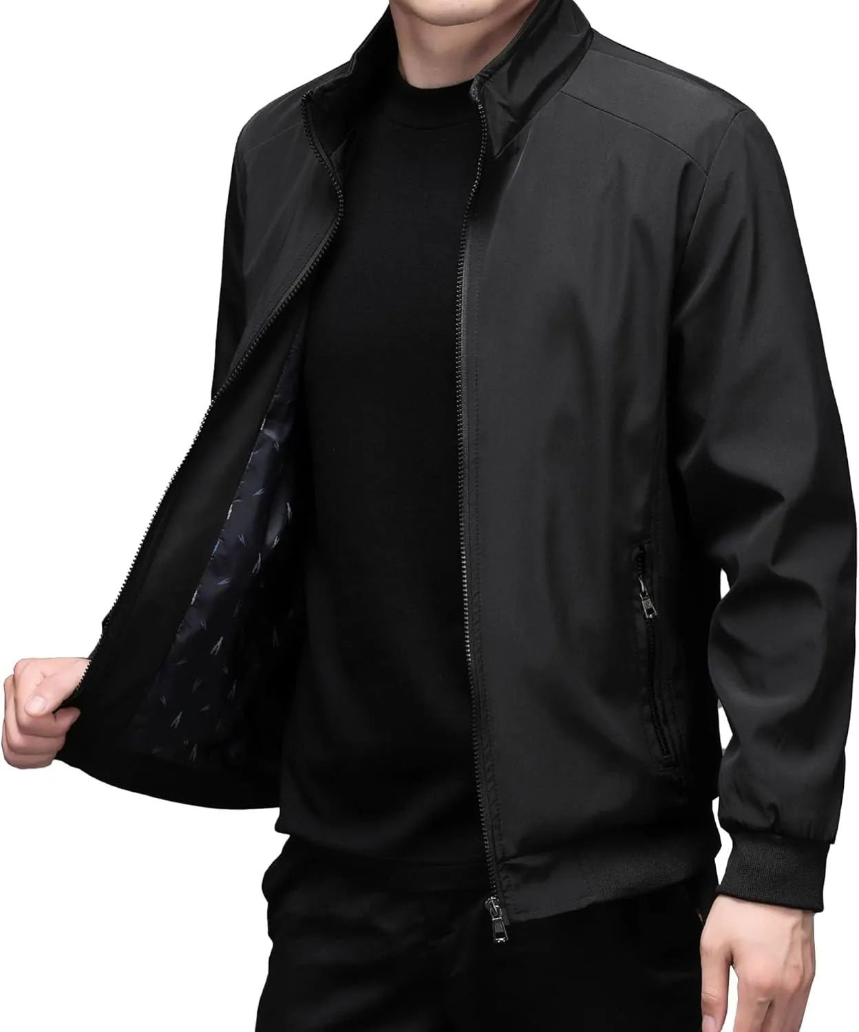 JEsilunmaMY Men's Stand Collar Slim Bomber Jacket Full Zip Fleece Lined Casual Windbreakers Windproof Sportwear Padded Coats