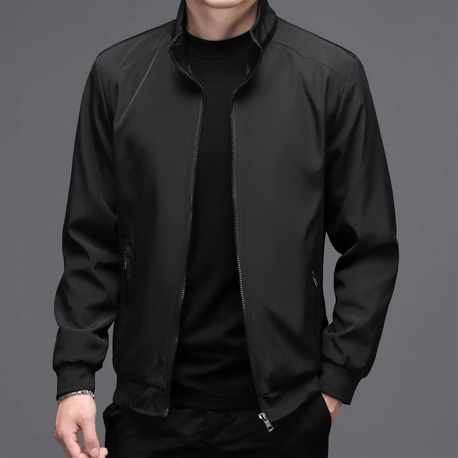 JEsilunmaMY Men's Stand Collar Slim Bomber Jacket Full Zip Fleece Lined Casual Windbreakers Windproof Sportwear Padded Coats