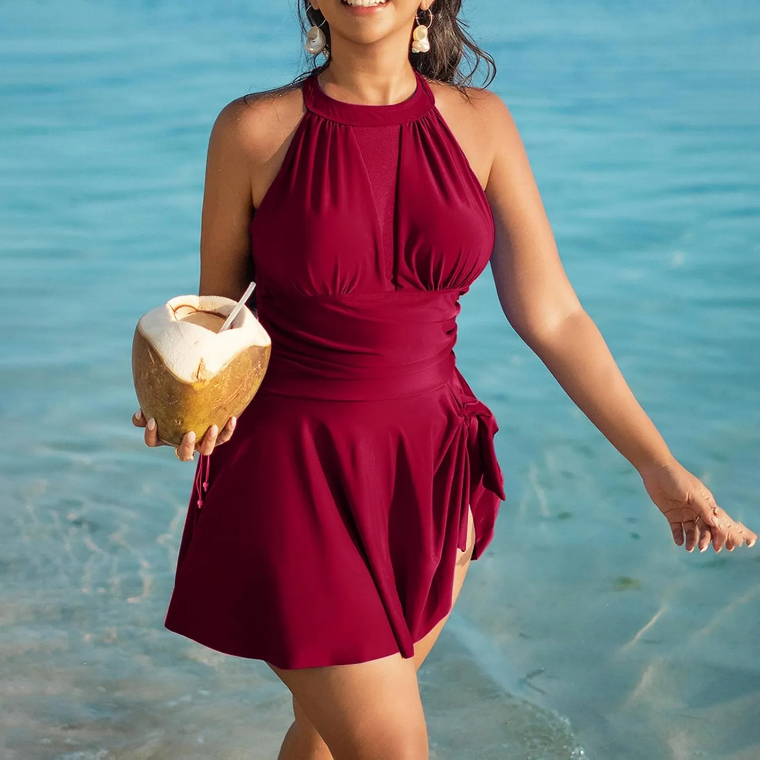 JOAU Womens Plus Size One Piece Swimsuit Tummy Control Halter Neck Tie Backless Bathing Suit Side Tie Knot Ruched Swim Dress