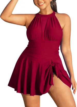JOAU Womens Plus Size One Piece Swimsuit Tummy Control Halter Neck Tie Backless Bathing Suit Side Tie Knot Ruched Swim Dress