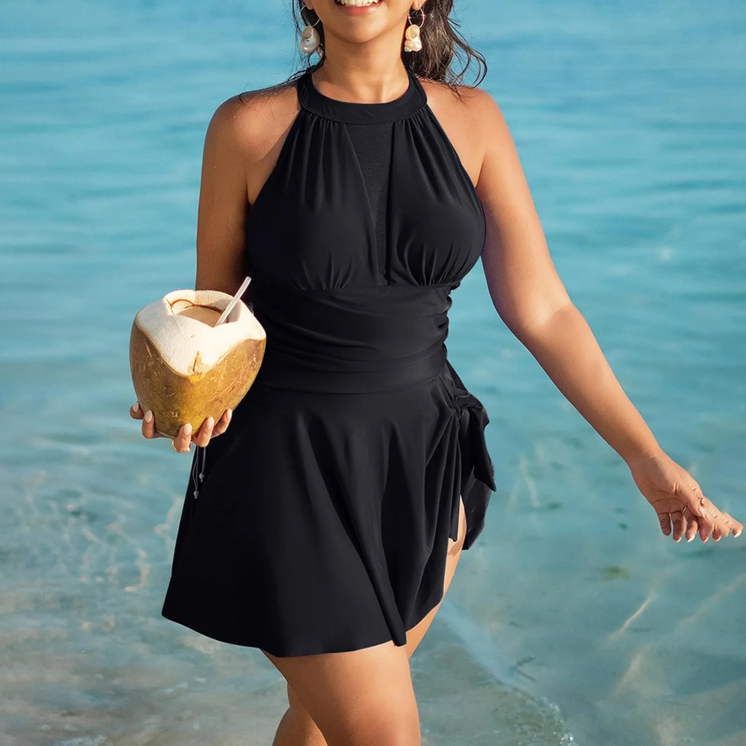 JOAU Womens Plus Size One Piece Swimsuit Tummy Control Halter Neck Tie Backless Bathing Suit Side Tie Knot Ruched Swim Dress