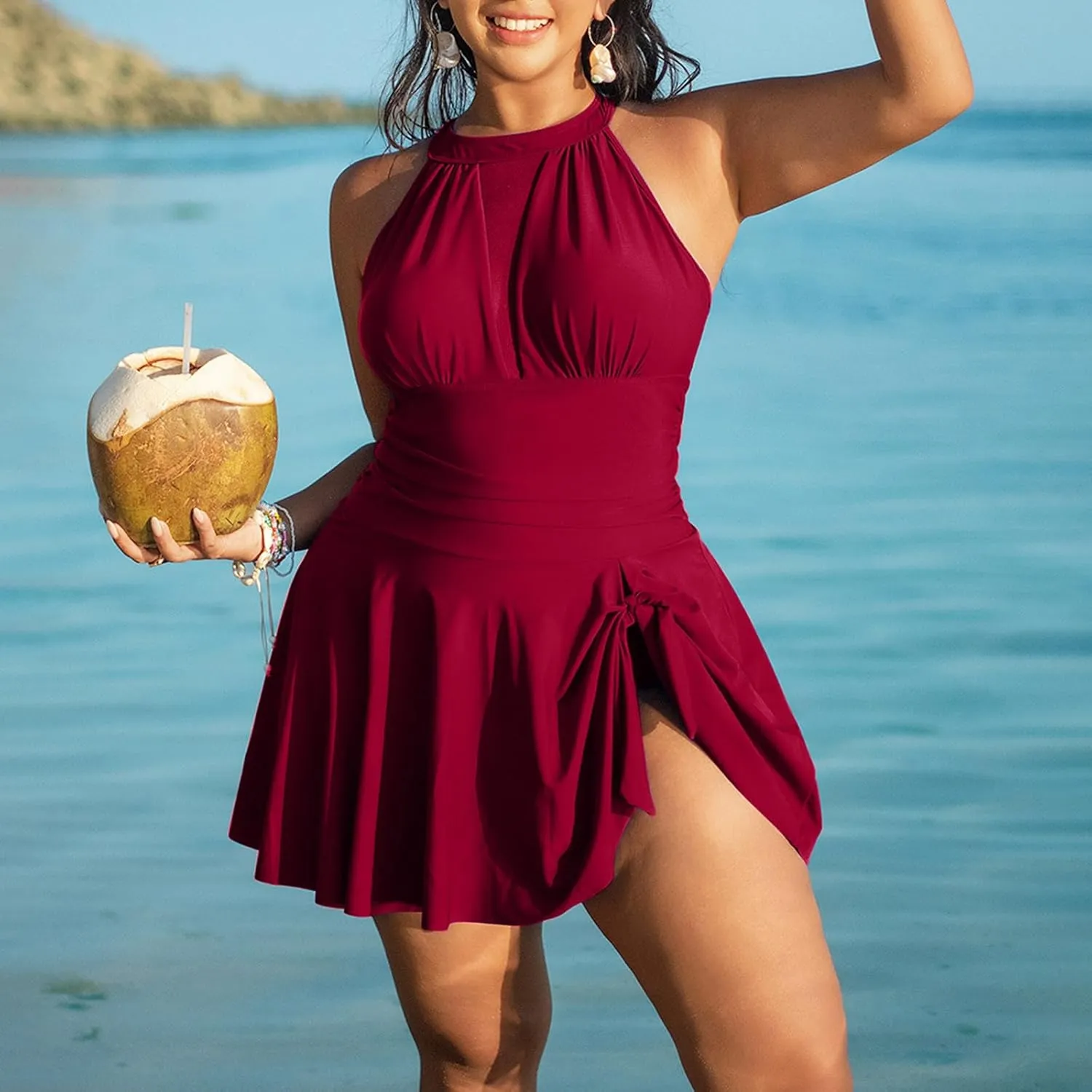 JOAU Womens Plus Size One Piece Swimsuit Tummy Control Halter Neck Tie Backless Bathing Suit Side Tie Knot Ruched Swim Dress