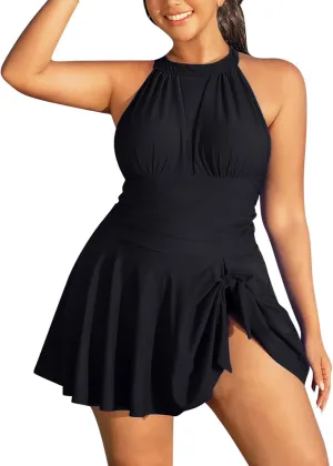 JOAU Womens Plus Size One Piece Swimsuit Tummy Control Halter Neck Tie Backless Bathing Suit Side Tie Knot Ruched Swim Dress