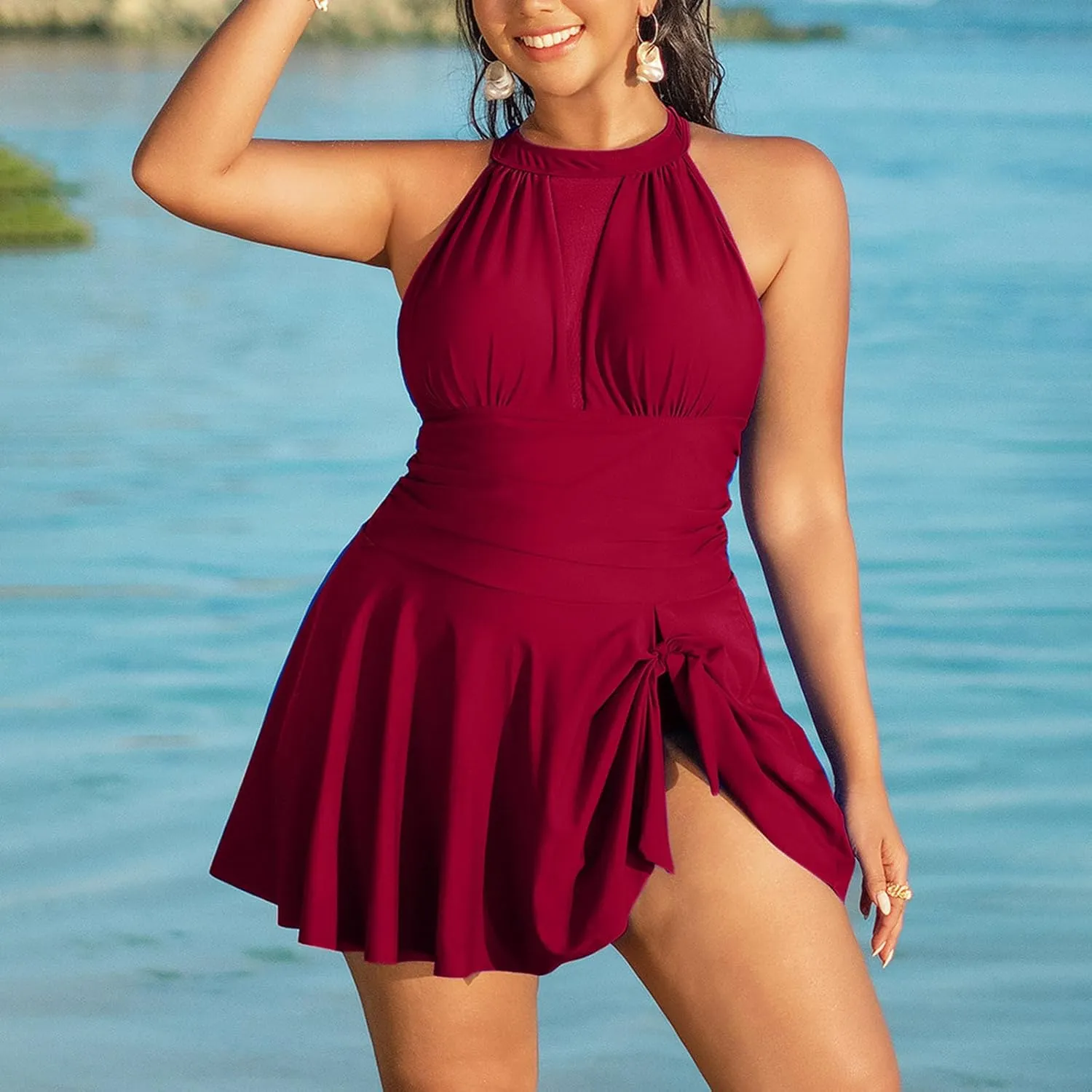 JOAU Womens Plus Size One Piece Swimsuit Tummy Control Halter Neck Tie Backless Bathing Suit Side Tie Knot Ruched Swim Dress