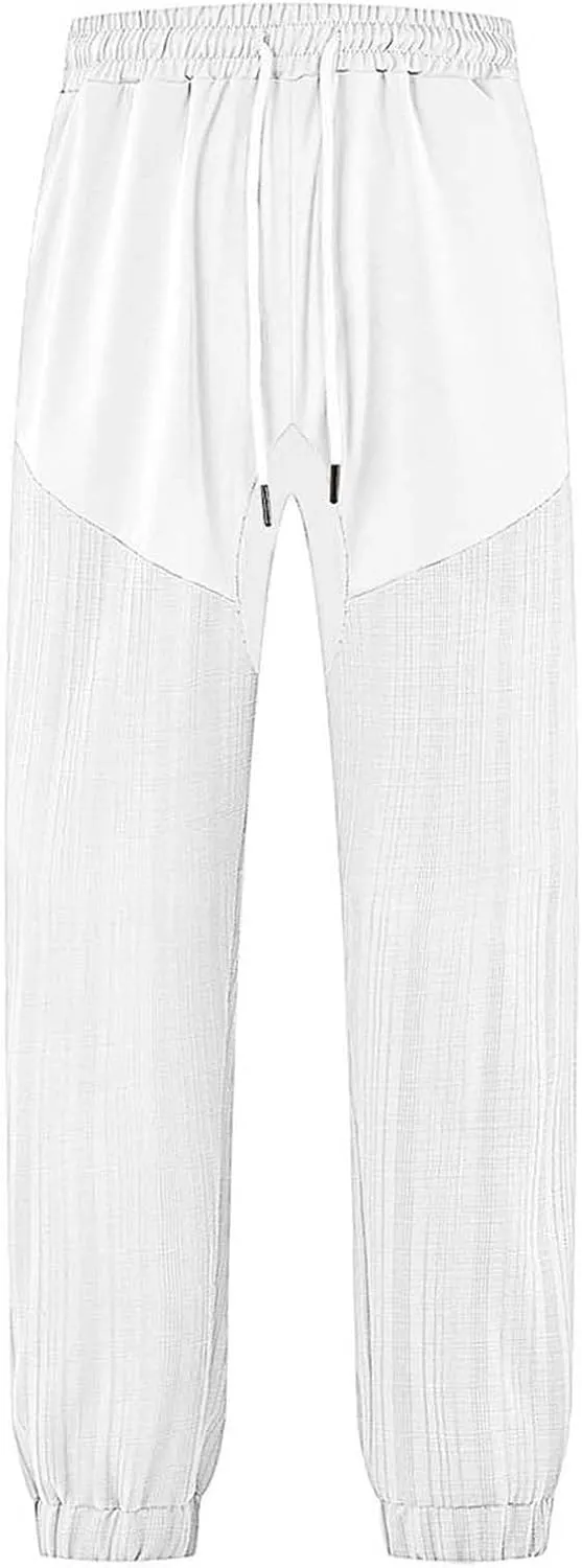 Jogger Pants for Men Elastic Waist Drawstring Summer Gym Pants Trendy Linen Yoga Beach Trousers for Vacation