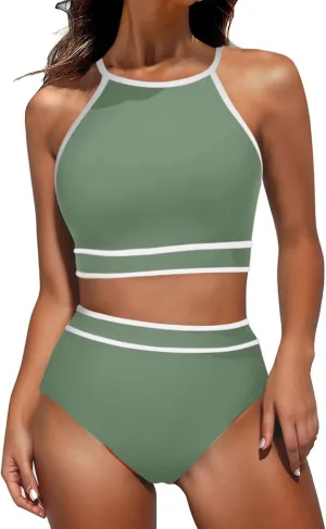 jsaierl Women Color Block Bikini Sets Tummy Control High Waisted Sporty Beach Swimwear Fashion Slimming 2 Piece Bathing Suits