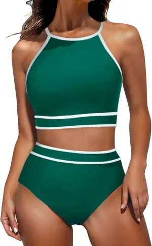 jsaierl Women Color Block Bikini Sets Tummy Control High Waisted Sporty Beach Swimwear Fashion Slimming 2 Piece Bathing Suits