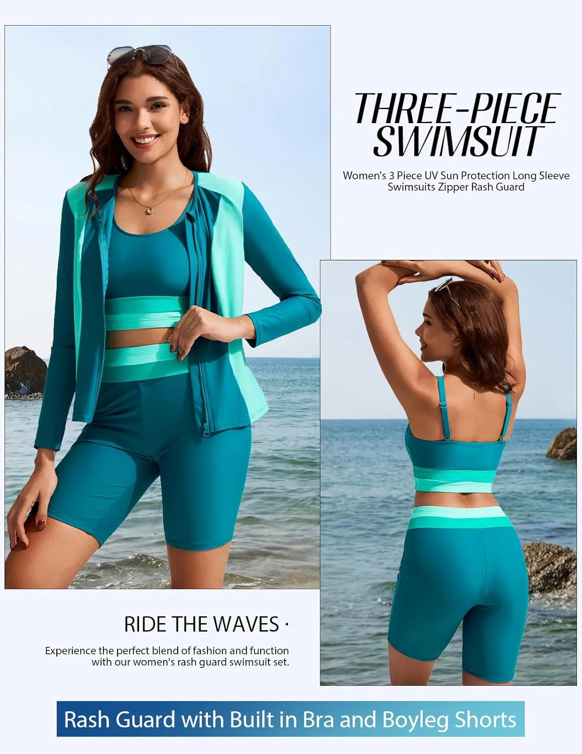 Kate Kasin Women's 3 Piece Rash Guard Long Sleeve Color Block Built in Bra UPF 50  Zip Up Swim Shirt with Boyleg Shorts