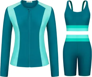Kate Kasin Women's 3 Piece Rash Guard Long Sleeve Color Block Built in Bra UPF 50  Zip Up Swim Shirt with Boyleg Shorts