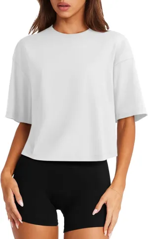 LASLULU Womens Cotton Short Sleeve Workout Shirts Loose Fit Crop Tops Yoga Gym Tee Casual Athletic Running T-Shirts