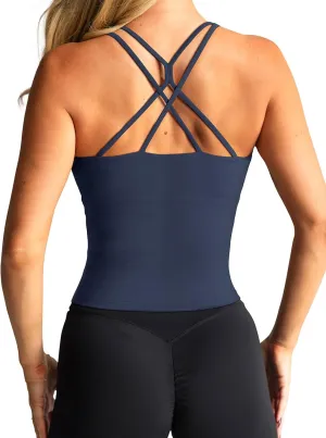 LASLULU Womens Sports Bra Strappy High Neck Longline Yoga Running Gym Tops Clothes Padded Workout Tank Tops with Built in Bra