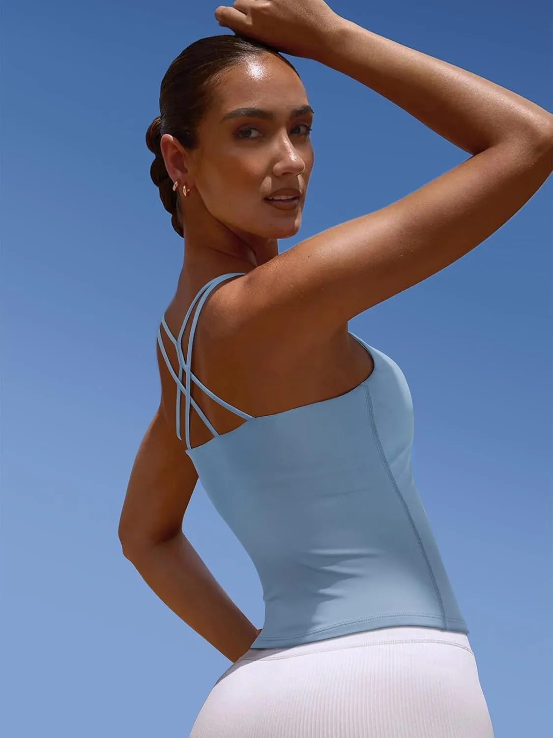 LASLULU Womens Sports Bra Strappy High Neck Longline Yoga Running Gym Tops Clothes Padded Workout Tank Tops with Built in Bra