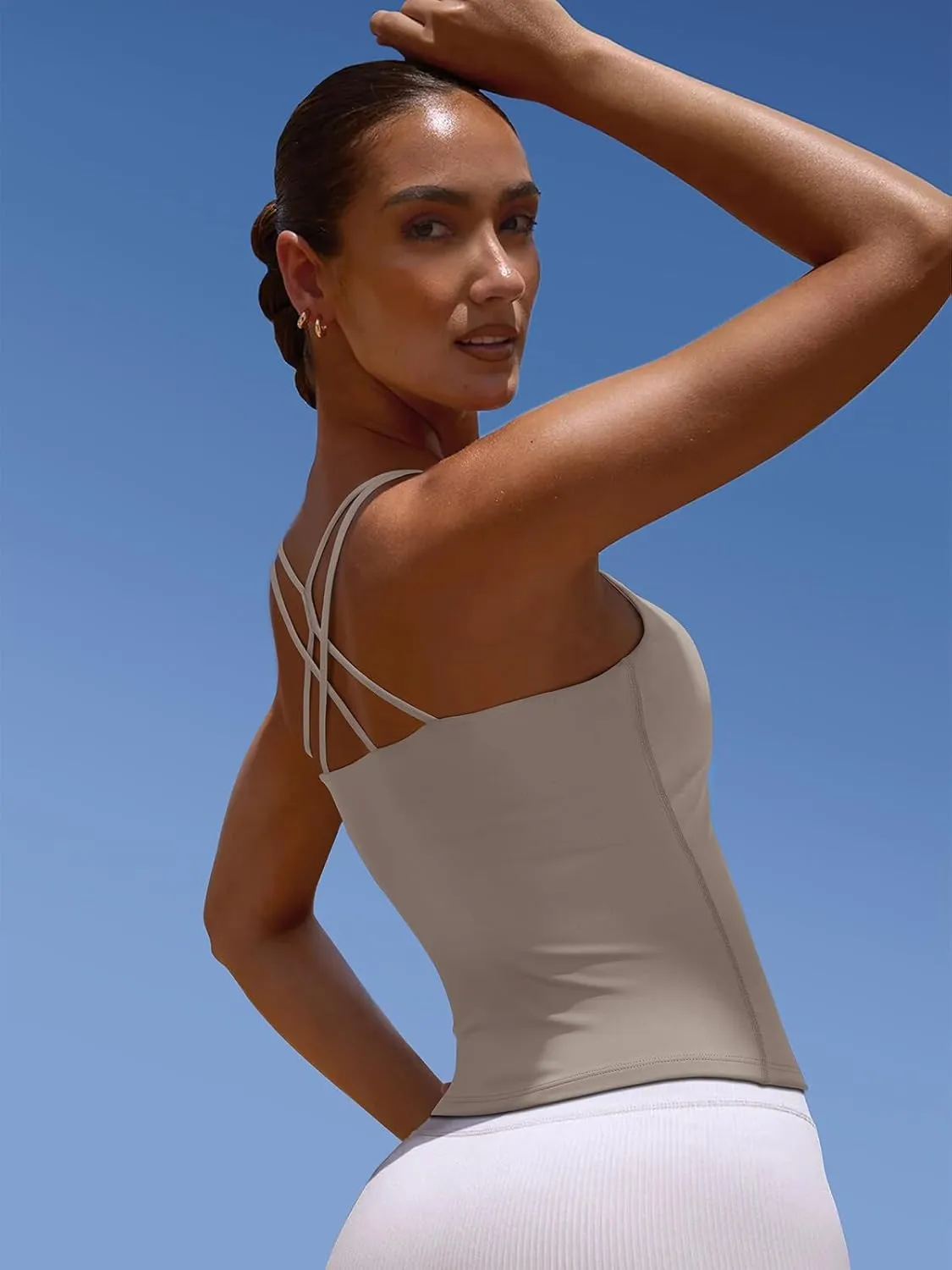 LASLULU Womens Sports Bra Strappy High Neck Longline Yoga Running Gym Tops Clothes Padded Workout Tank Tops with Built in Bra