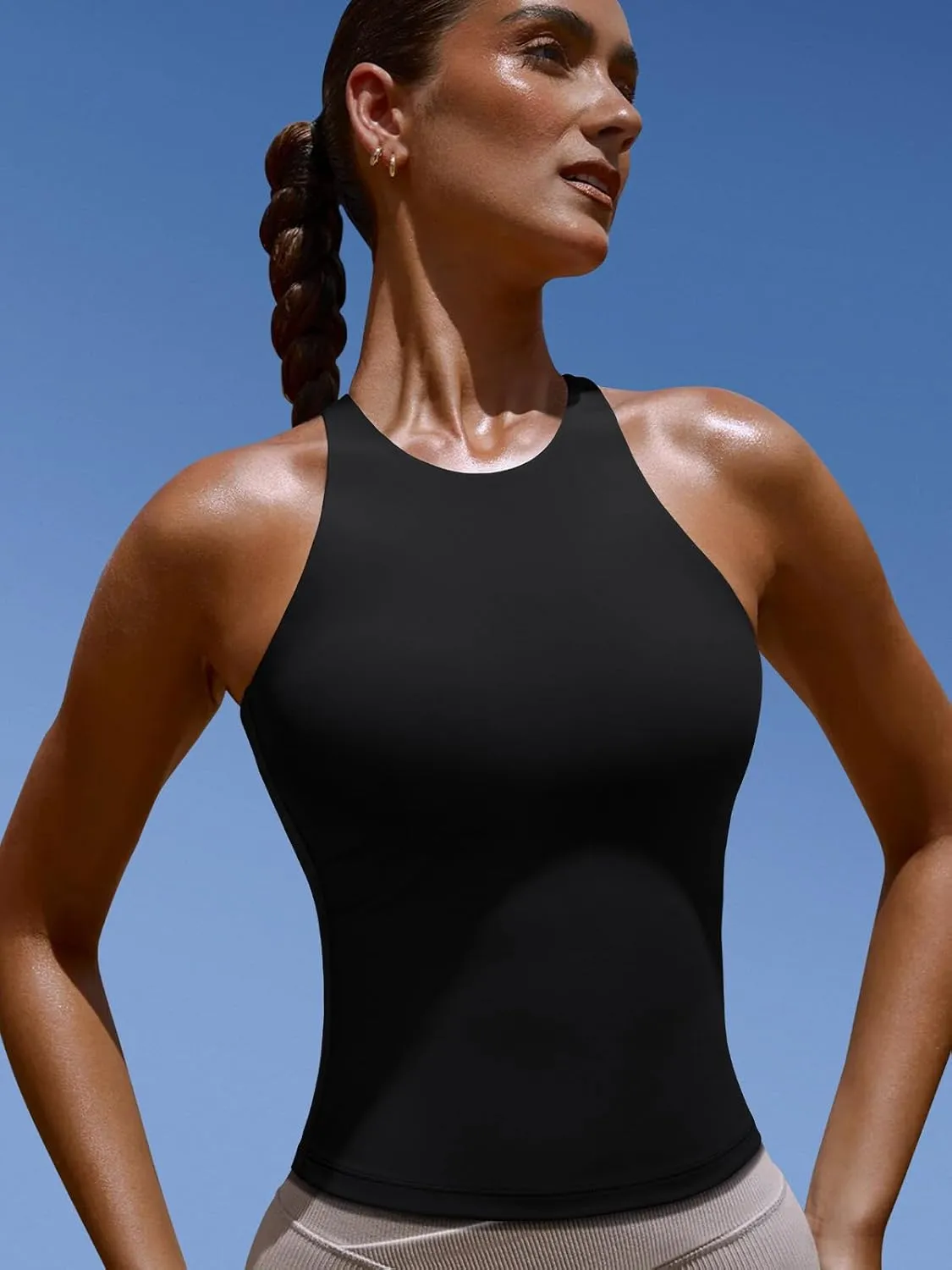 LASLULU Womens Sports Bra Strappy High Neck Longline Yoga Running Gym Tops Clothes Padded Workout Tank Tops with Built in Bra