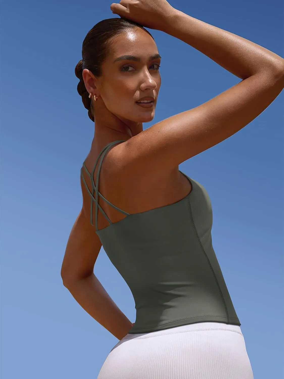 LASLULU Womens Sports Bra Strappy High Neck Longline Yoga Running Gym Tops Clothes Padded Workout Tank Tops with Built in Bra