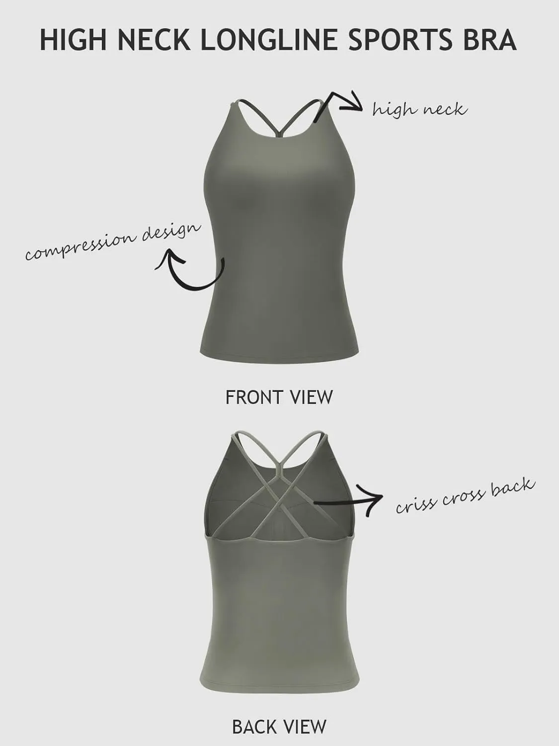 LASLULU Womens Sports Bra Strappy High Neck Longline Yoga Running Gym Tops Clothes Padded Workout Tank Tops with Built in Bra